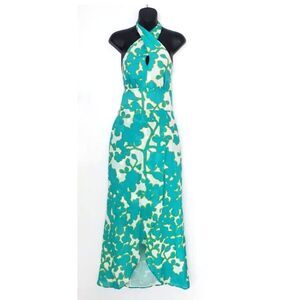 ETCETERA 100% Cotton Faux Wrap Halter Maxi Dress Sz 2 Turquoise Floral Smocked